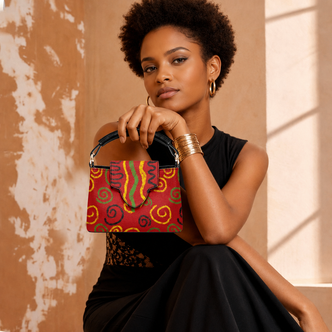 A woman with curly hair is sitting and holding a colorful handbag with a unique pattern.