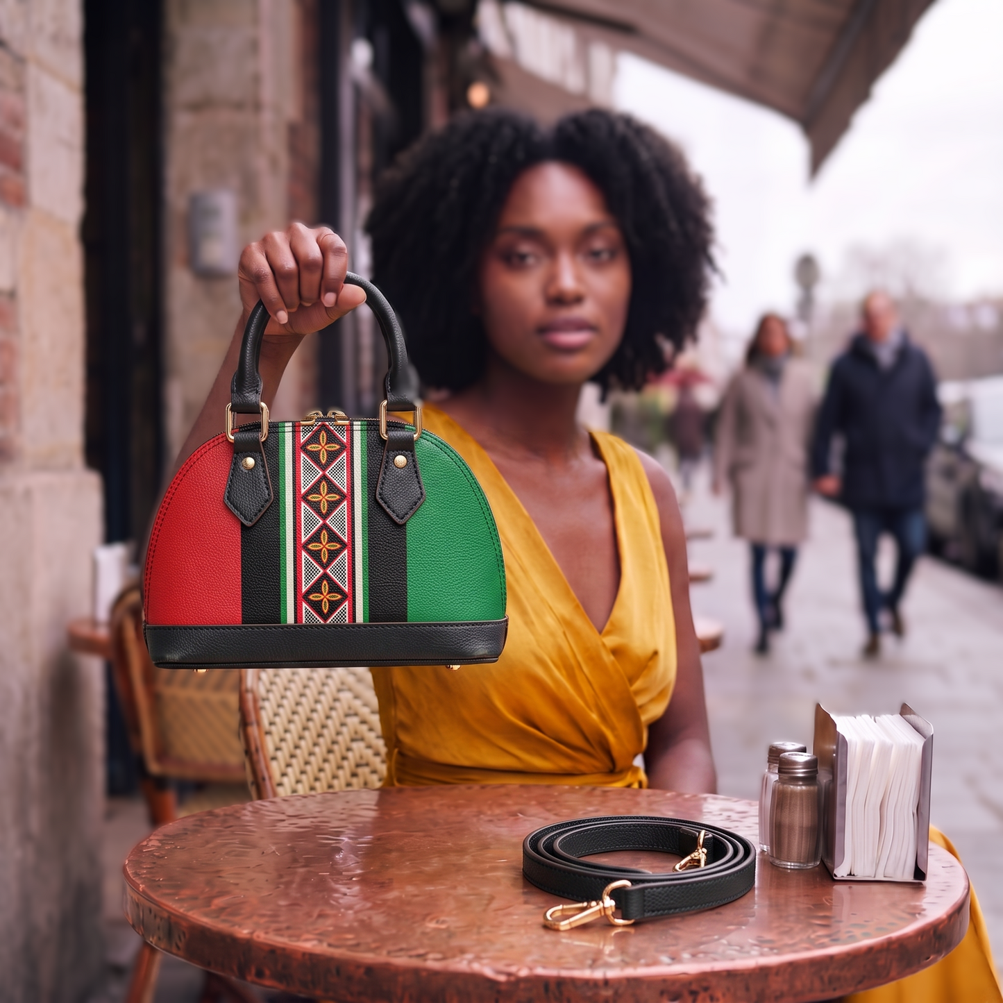 A woman in a yellow dress is holding up a colorful handbag with a green, red, and black pattern, while sitting at a table with a salt and pepper shaker in front of her.