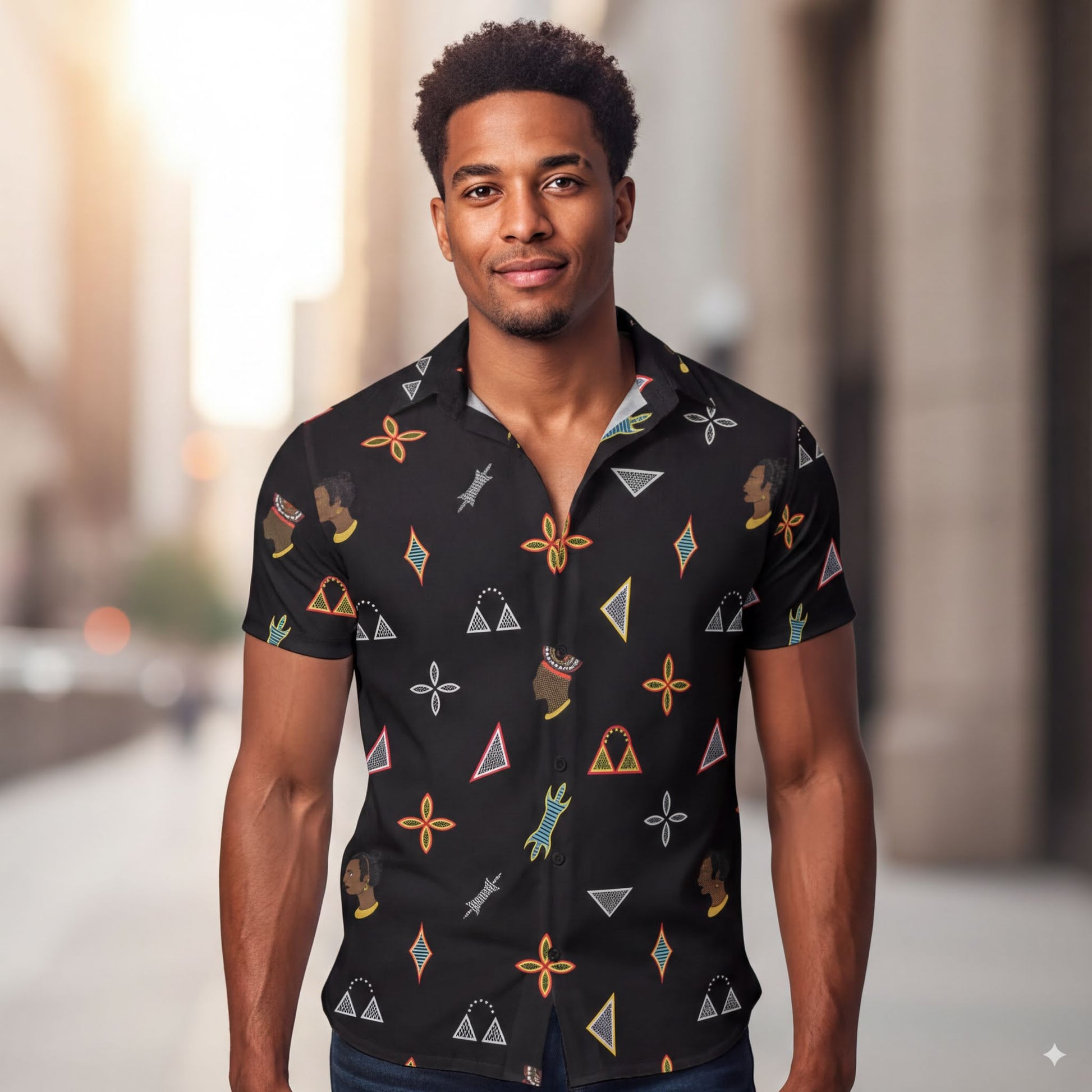 A man wearing a black shirt with a colorful geometric pattern stands in front of a city street.