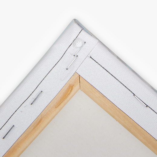 a close-up view of a white canvas frame with a wooden border, featuring a small white button on the top right corner.