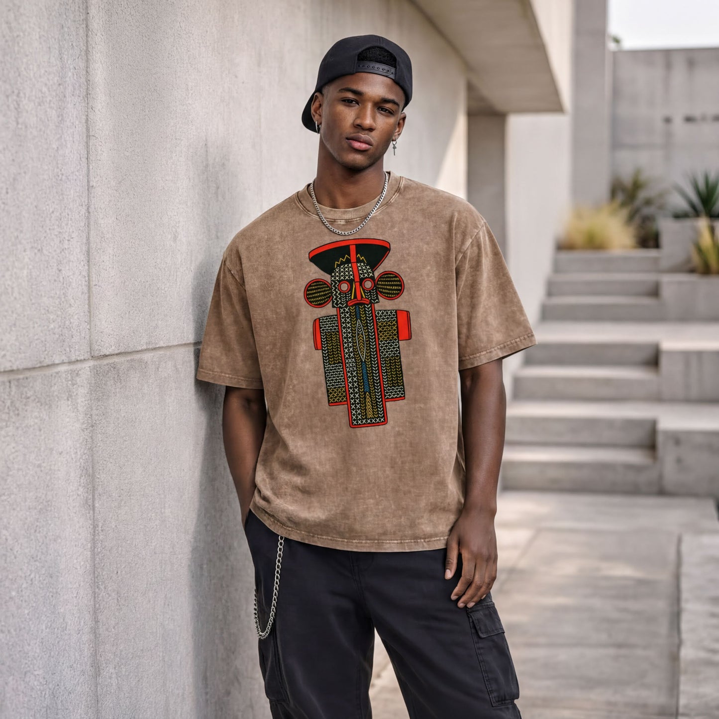 A young man wearing a brown t-shirt with a graphic design stands against a concrete wall, leaning against it with his hands in his pockets.