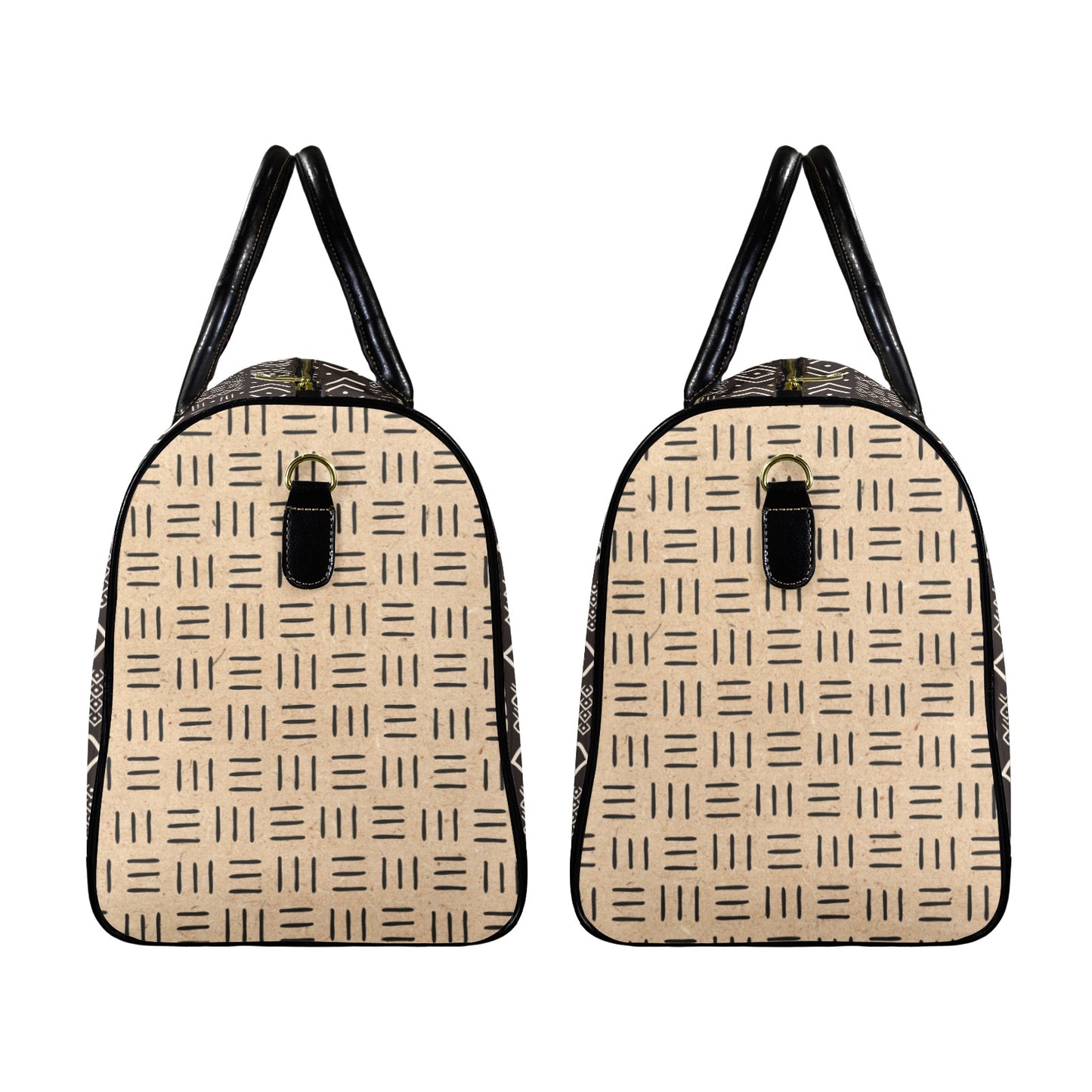 New Vegan Leather Travel Bag, Black Mudcloth with Cork Mudcloth Sides