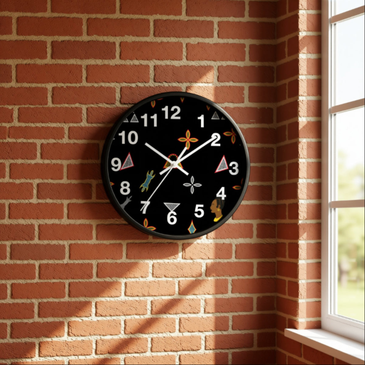 A black wall clock with a white face and colorful designs is mounted on a brick wall next to a window.