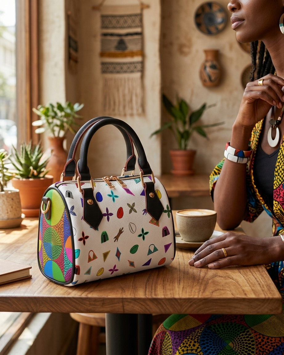 A colorful handbag with a patterned design sits on a wooden table, with a person sitting next to it.