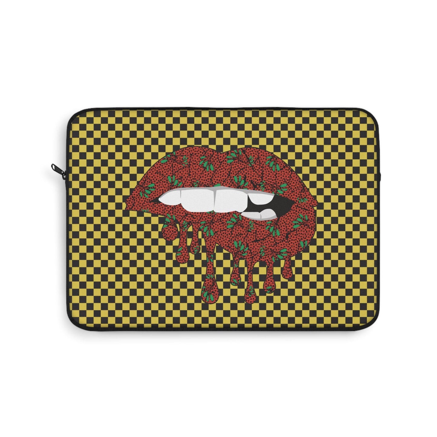 Red Floral Lips Laptop Sleeve: Yellow Checkers, Front Print