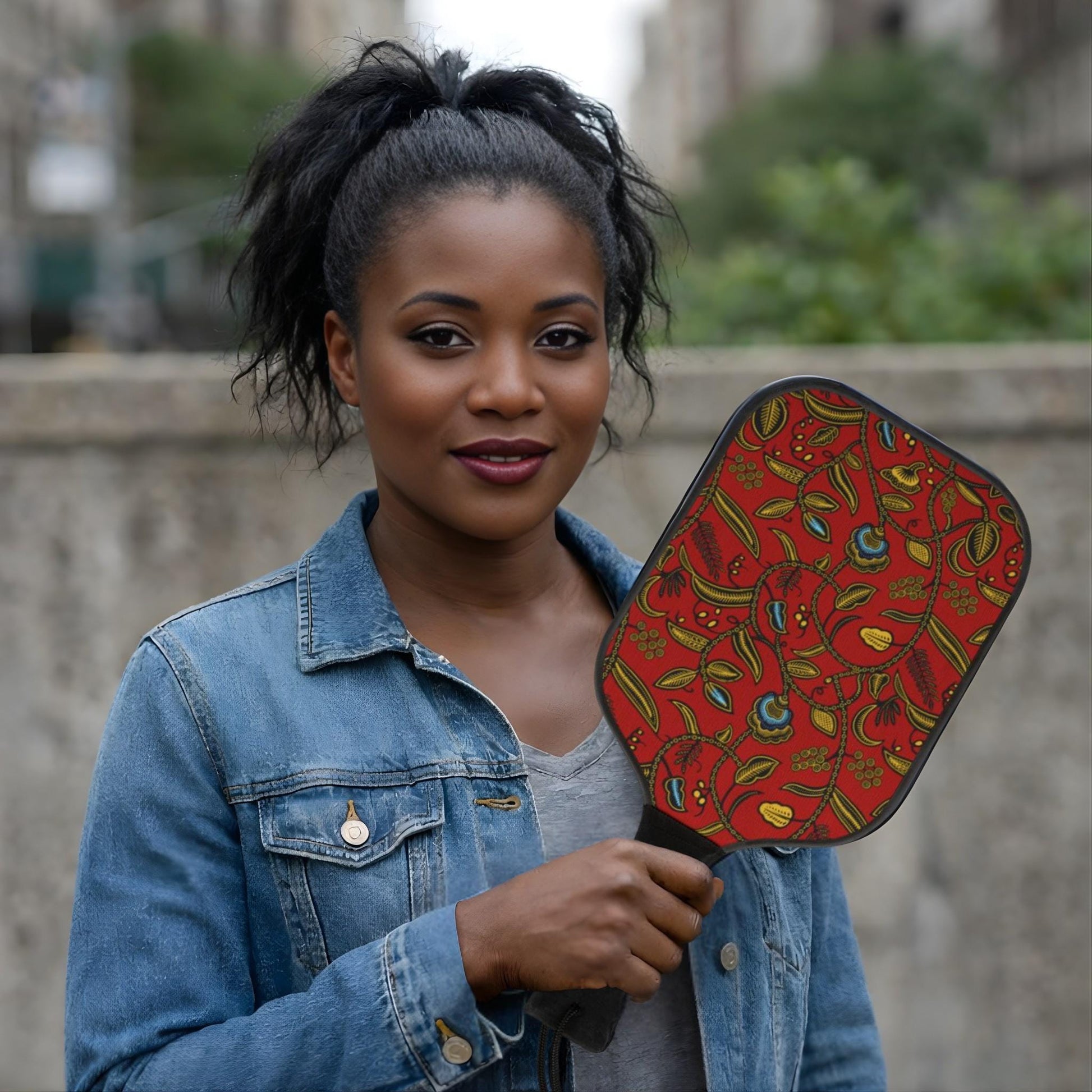 A young woman with dark hair is holding a red and black patterned paddle in front of her face, wearing a denim jacket.