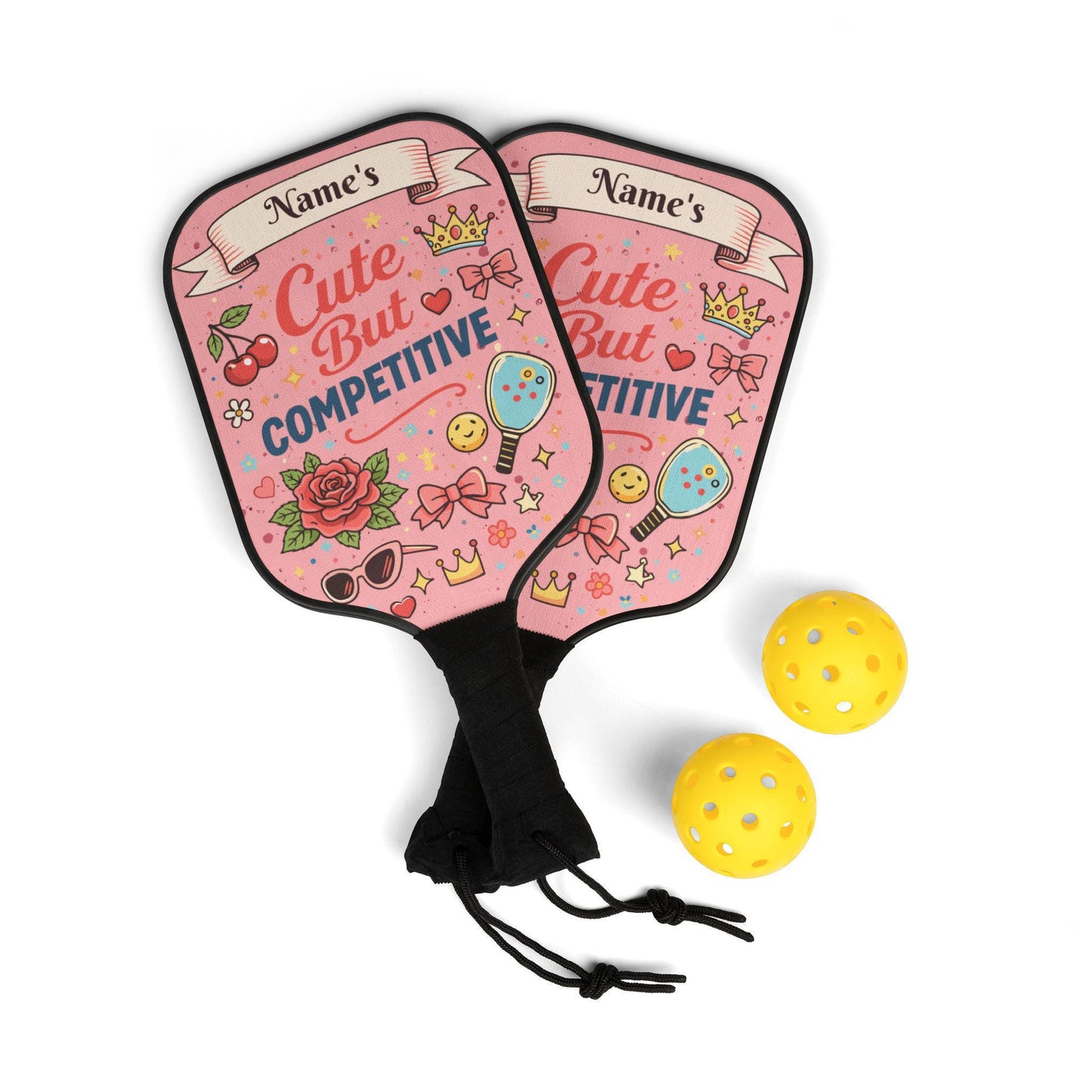Personalized Wooden Pickleball Paddles Set with Balls, "Competitive" Design