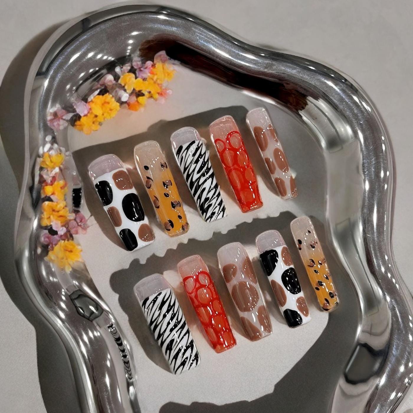 Animal Print Press On Nails: Long Square Acrylic Nail Art