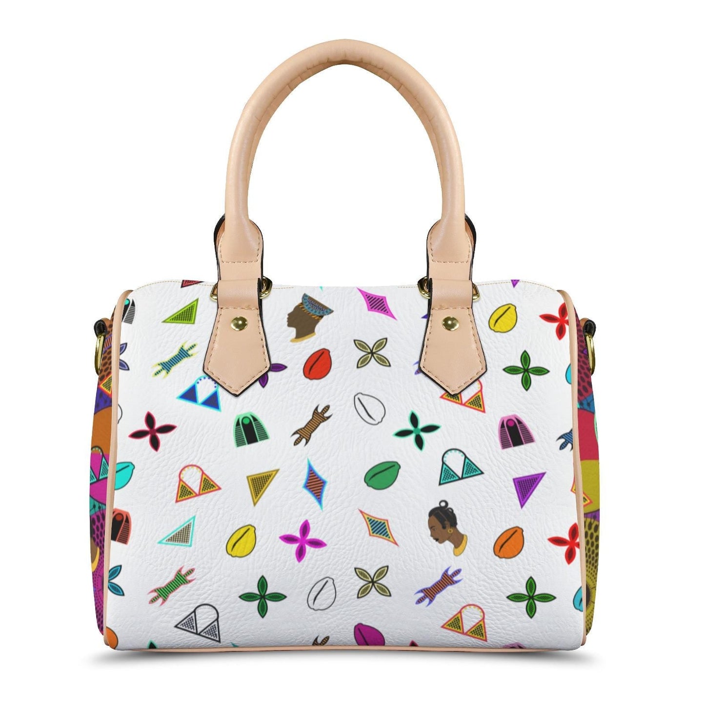 Vegan white Leather Boston Bag: African Toghu Shapes and Ankara Print Satchel Handbag, Ready to Ship