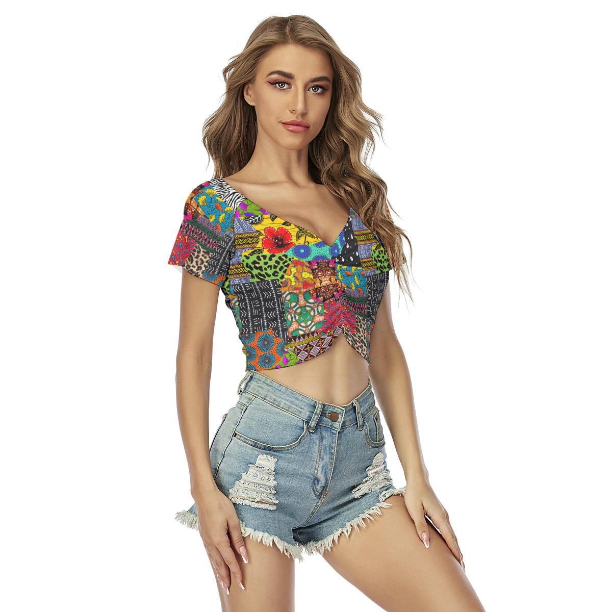 Ankara Print Crop Top: Stretchy V-Neck Summer Festival Fashion, Ready to Ship