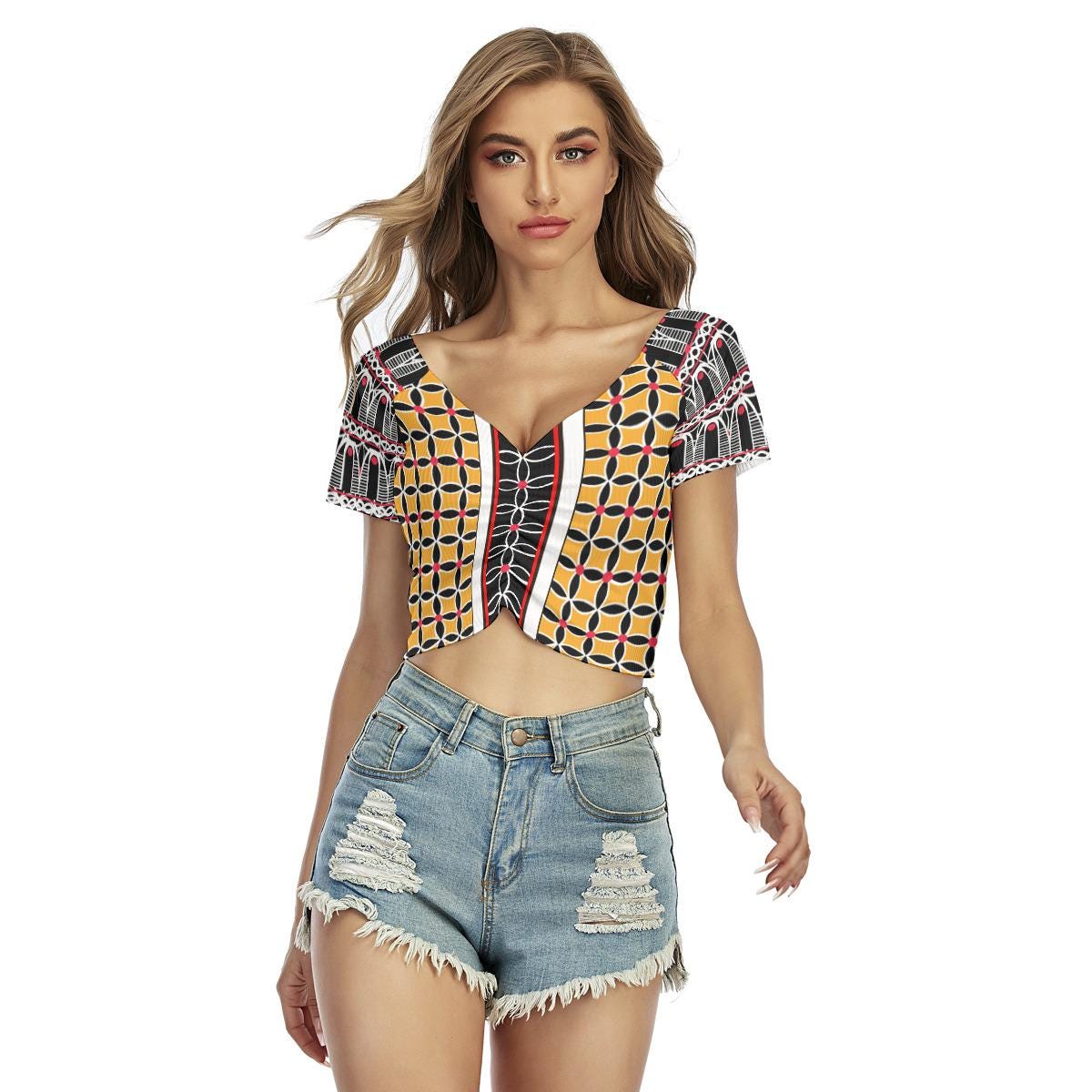 Black & Yellow Toghu Crop Top: Stretchy Festival Fashion, Ready to Ship
