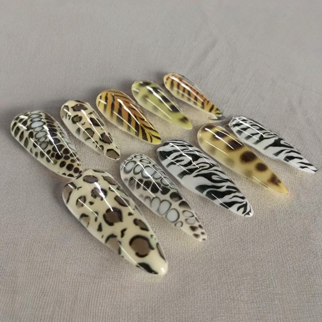 Leopard Zebra Long Stiletto Press On Nails,  Animal Print, 10pcs