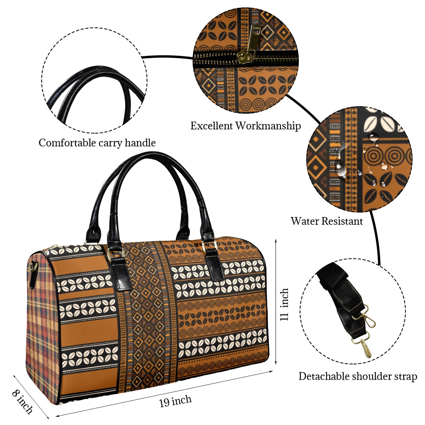 NEW Vegan Leather Mudcloth & Cowries Print Travel Bag