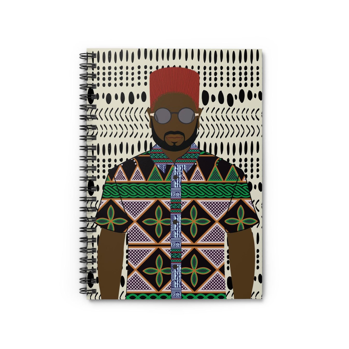 Phillipe in Green Toghu on Mudcloth - Front Cover Spiral Notebook - Ruled Line