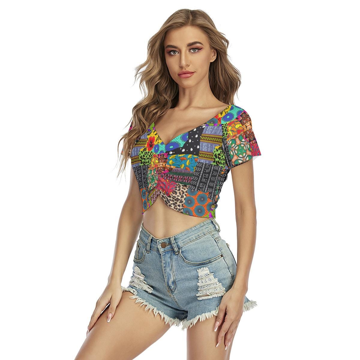 Ankara Print Crop Top: Stretchy V-Neck Summer Festival Fashion, Ready to Ship