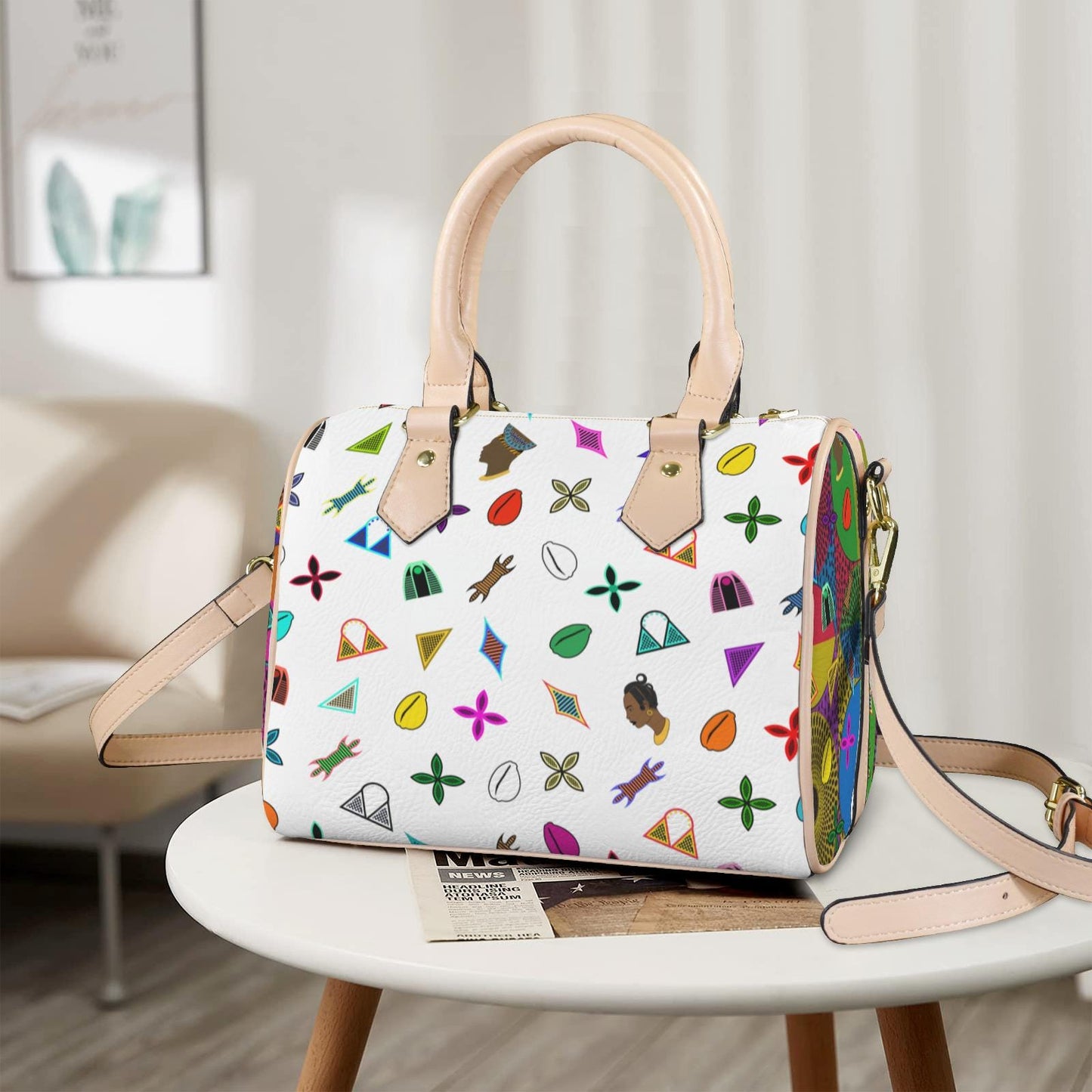 Vegan white Leather Boston Bag: African Toghu Shapes and Ankara Print Satchel Handbag, Ready to Ship
