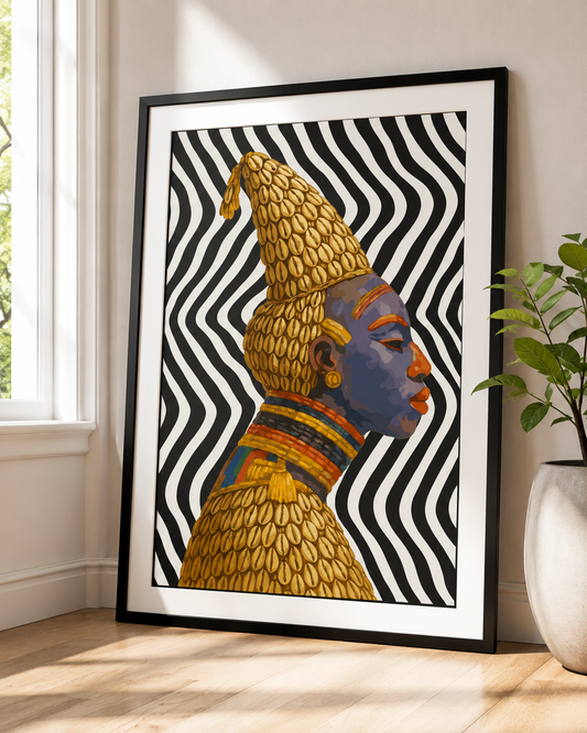 a framed painting of a colorful, stylized portrait of a person with a distinctive headdress, set against a black and white striped background.