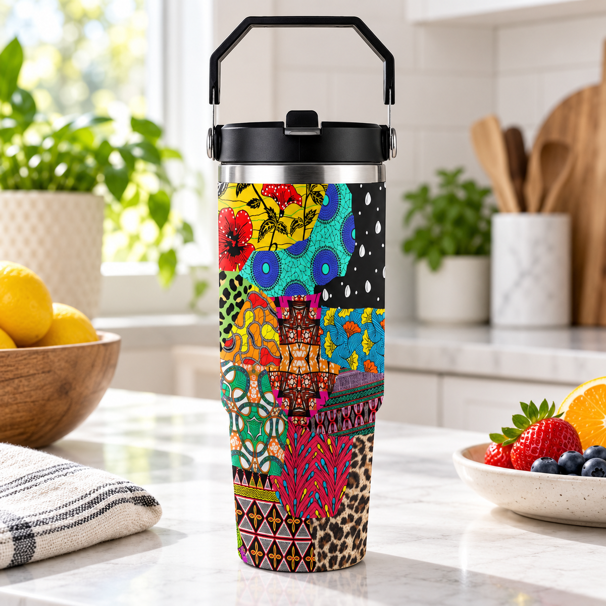 A colorful, patterned insulated tumbler with a black handle, placed on a kitchen counter with various kitchen items and fruits in the background.