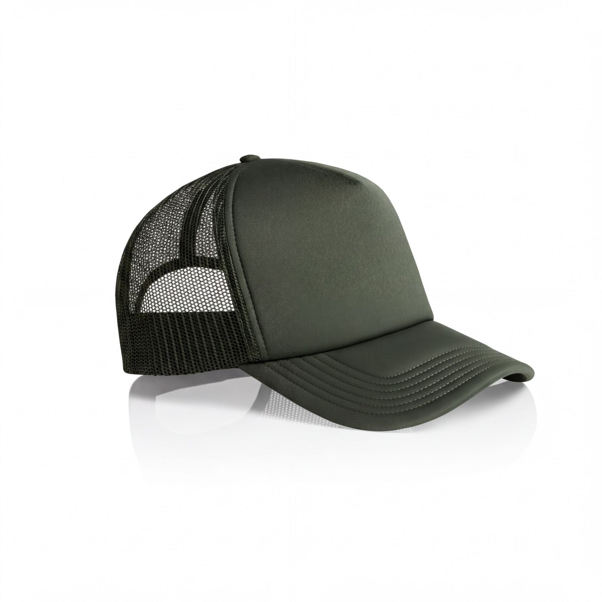 A dark green mesh trucker hat is shown against a white background.