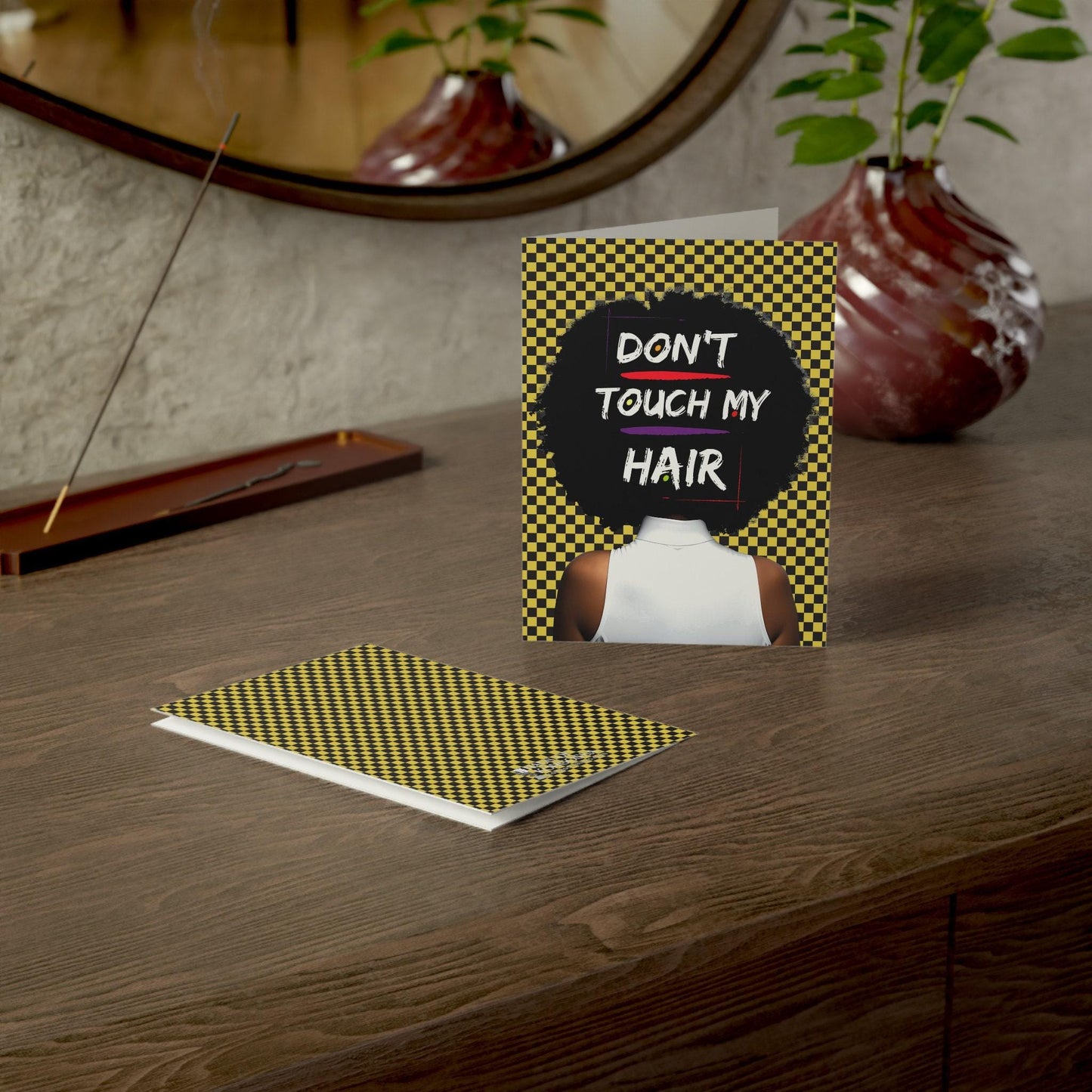 Don't Touch My Hair on Yellow Checkers - African Greeting Cards (1, 10pcs)