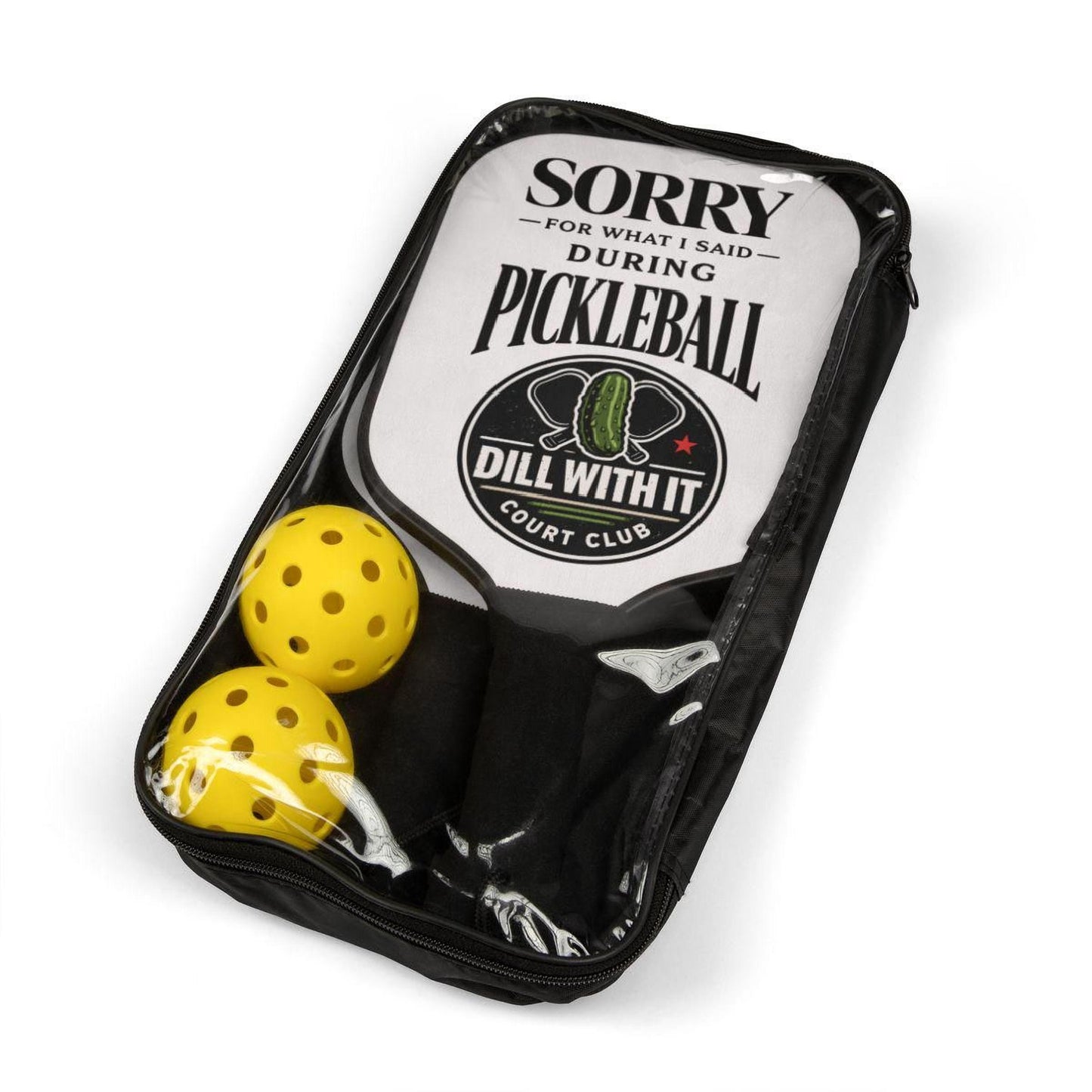 A black and white package containing a yellow plastic paddle and two yellow plastic balls, with a humorous text printed on the front.