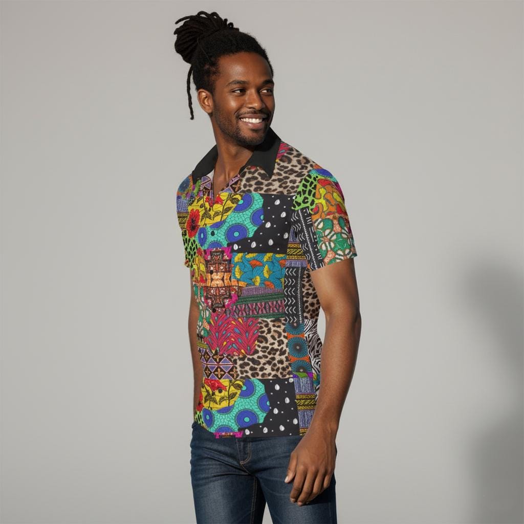 African Ankara Print Men's Button-Up Shirt: Nyanga Boy Design