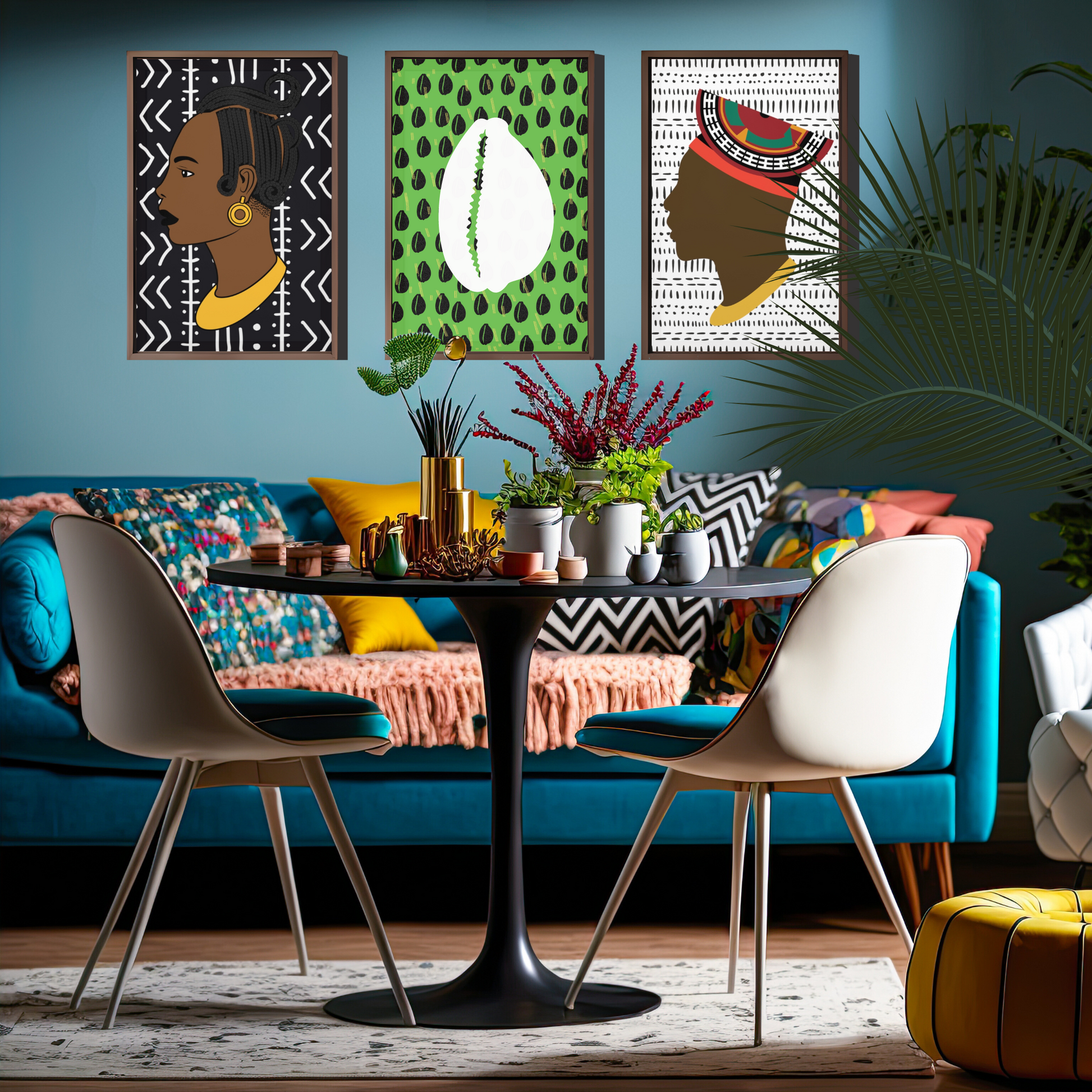 a modern and stylish living room with a blue sofa, a round table with chairs, and three framed prints on the wall. The room is decorated with colorful pillows, a vase of flowers, and other decorative elements, creating a vibrant and inviting atmosphere.