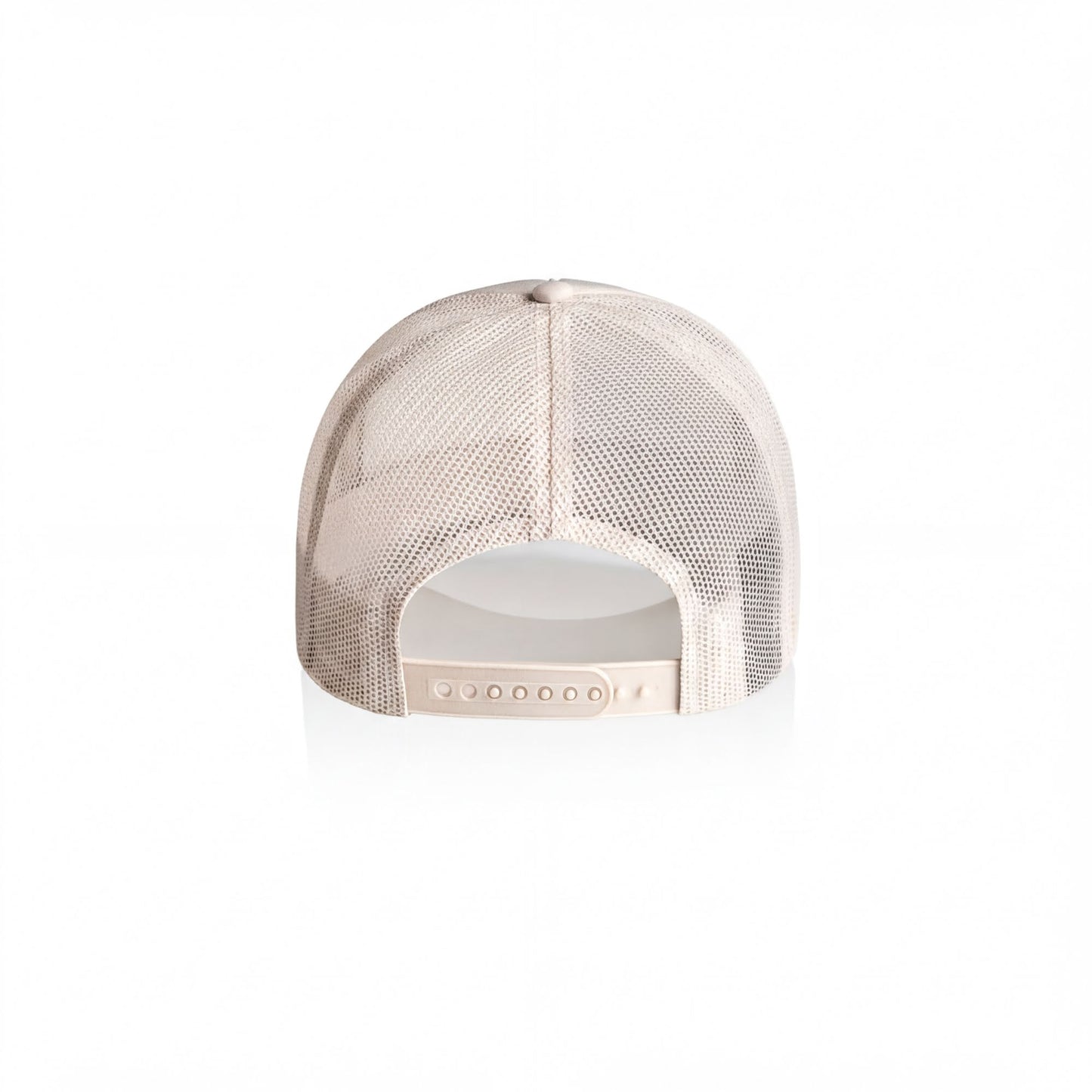 A white mesh baseball cap with a mesh pattern on the front and back.