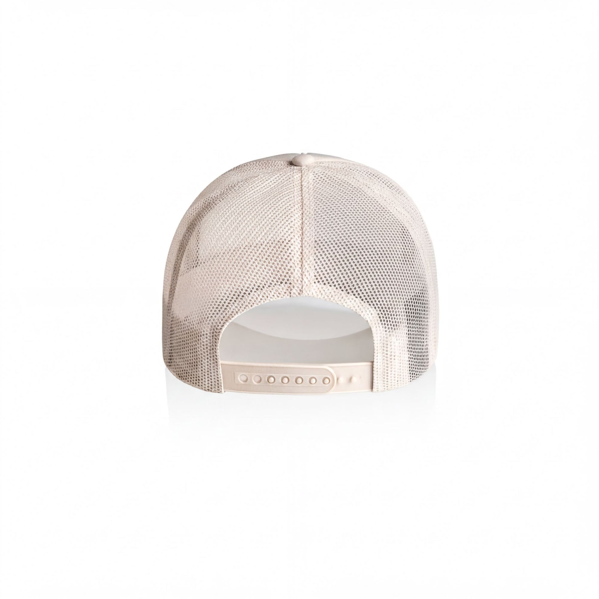 A white mesh baseball cap with a mesh pattern on the front and back.