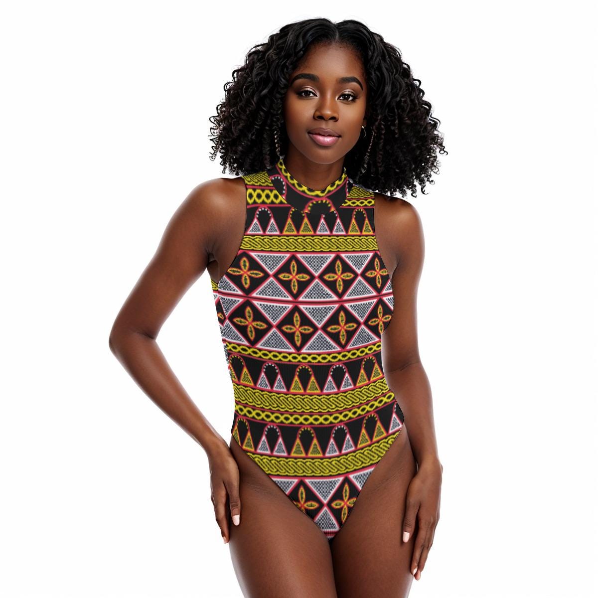 Toghu Print Bodysuit: Sleeveless African Cameroon Design