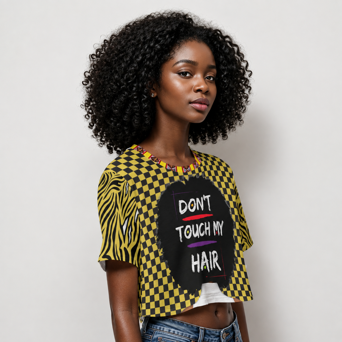 Checkered Print Crop Top: "Don't Touch My Hair" Graphic, Trendy Fashion, Ready to Ship
