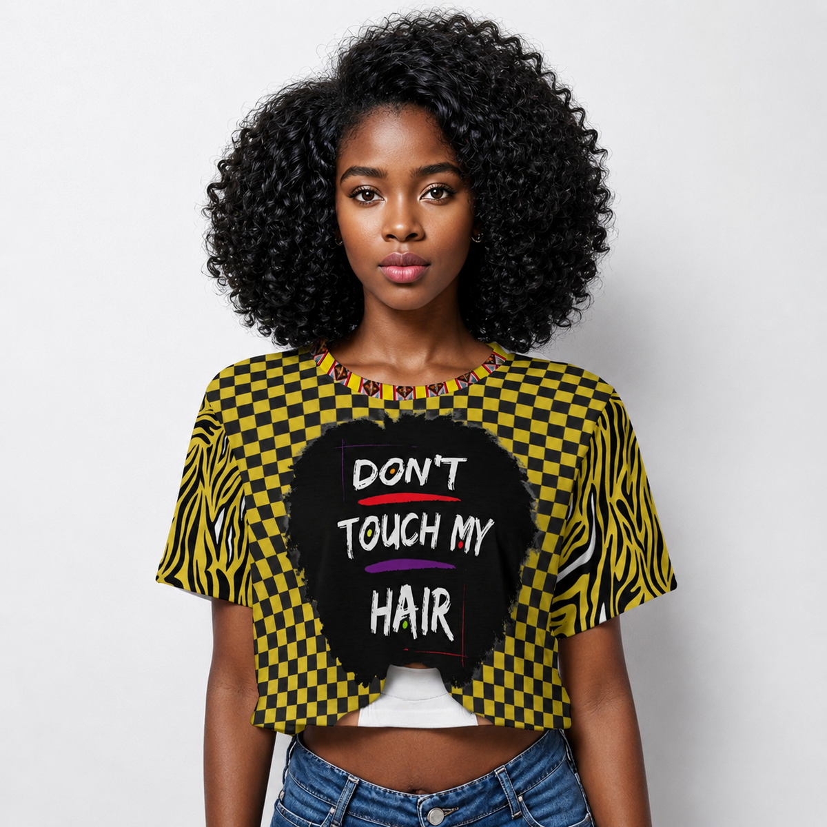 Checkered Print Crop Top: "Don't Touch My Hair" Graphic, Trendy Fashion, Ready to Ship