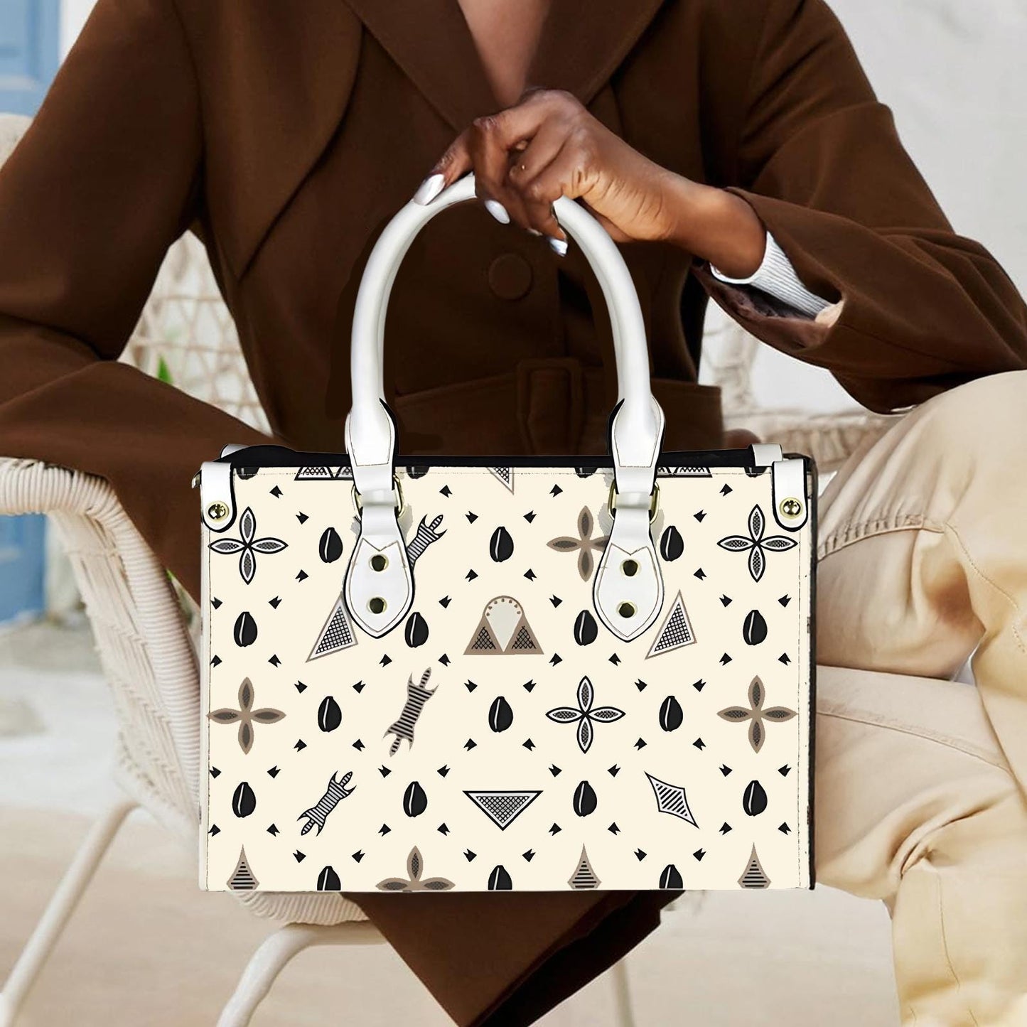 African Vegan Leather Tote Bag: Beige Toghu Print, White Handles, Ready to Ship