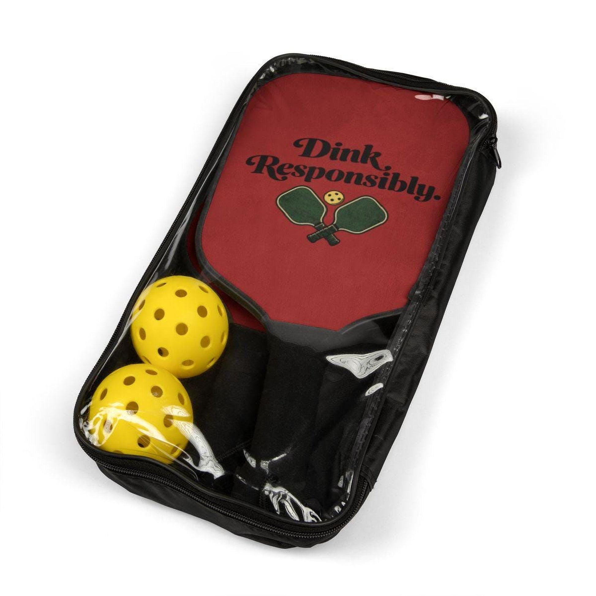 A red tennis racket with a black handle and two yellow tennis balls are placed inside a clear plastic bag.