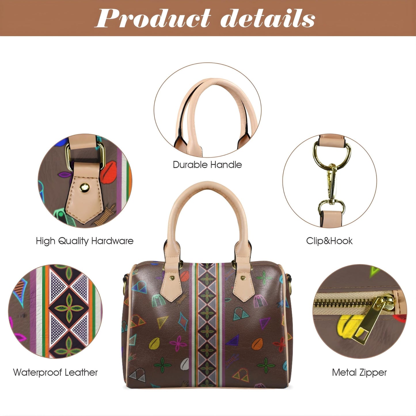 Vegan Leather Brown Boston Bag, Neon Toghu Print or Floral Satchel Handbag