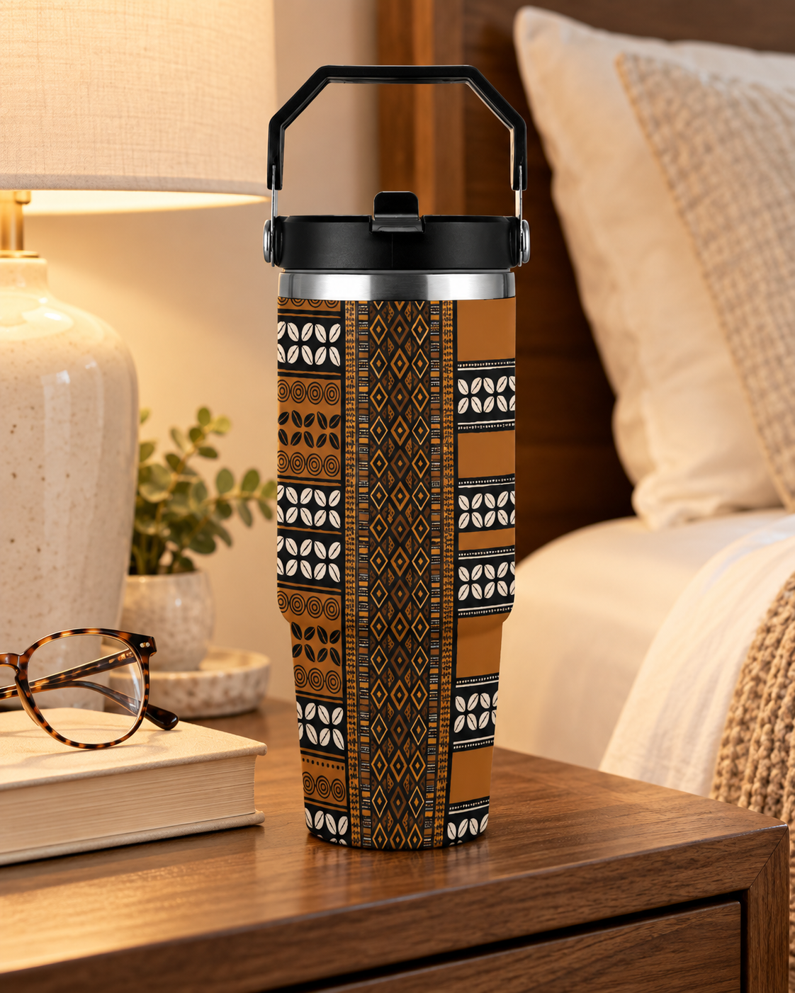A decorative travel mug with a patterned design sits on a wooden table next to a pair of glasses and a book.