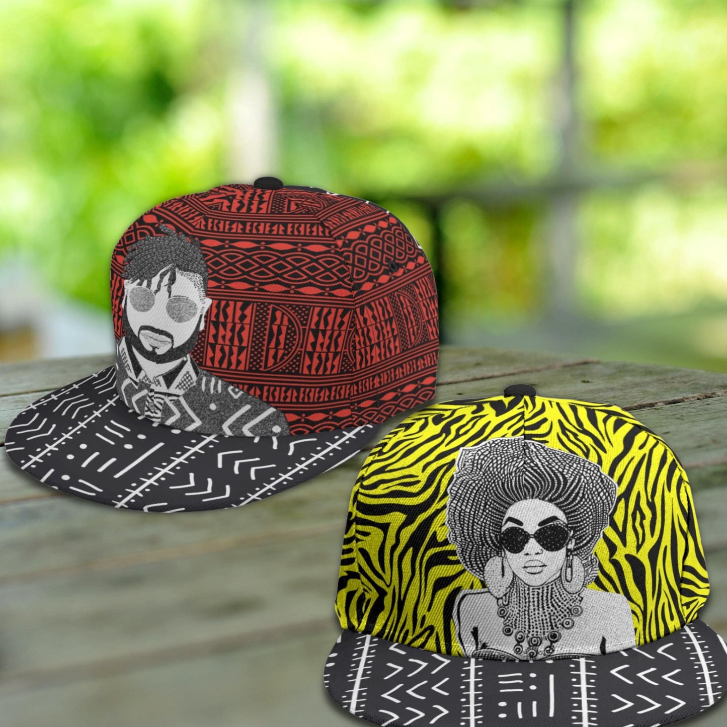 African Print Snapback Hat: Red Ndop & Mudcloth Flat Brim