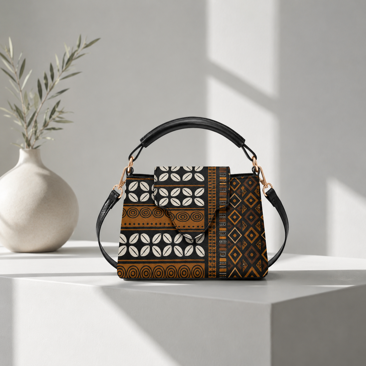 a handbag with a black and gold patterned design, placed on a white surface next to a white vase with greenery.