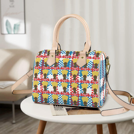 African Print Vegan Leather Boston Satchel Handbag: Mukuta Plaid & Toghu Stripe