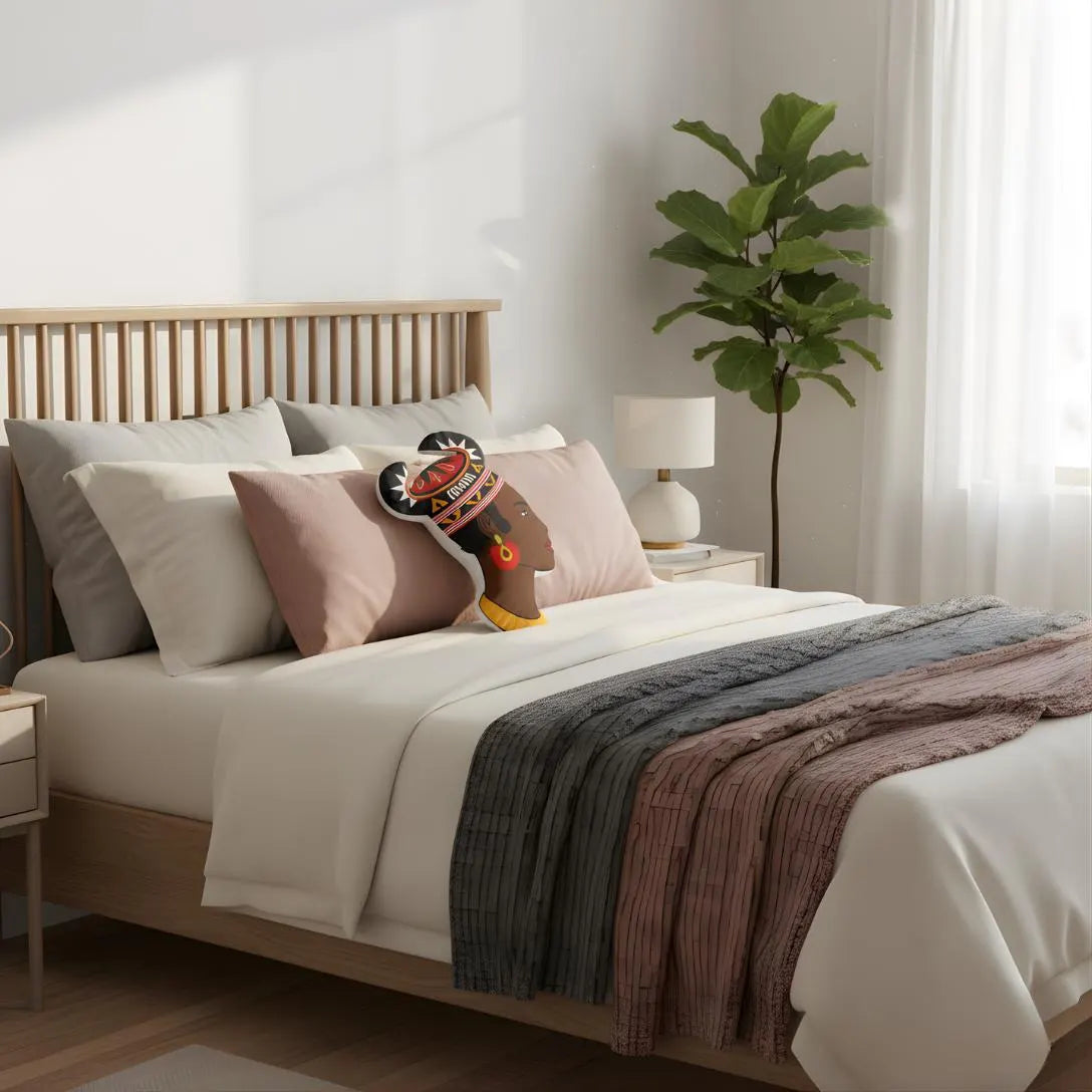 a cozy bedroom with a bed, a nightstand, and a potted plant. The bed is covered with a white comforter and has a headboard. The nightstand has a lamp on it. The potted plant is located next to the window, and there is a decorative headpiece on the bed.