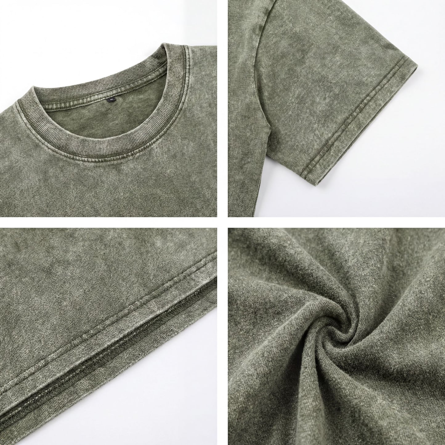 The image is a collage of four photos showing different aspects of a green t-shirt, including the collar, sleeves, and texture.