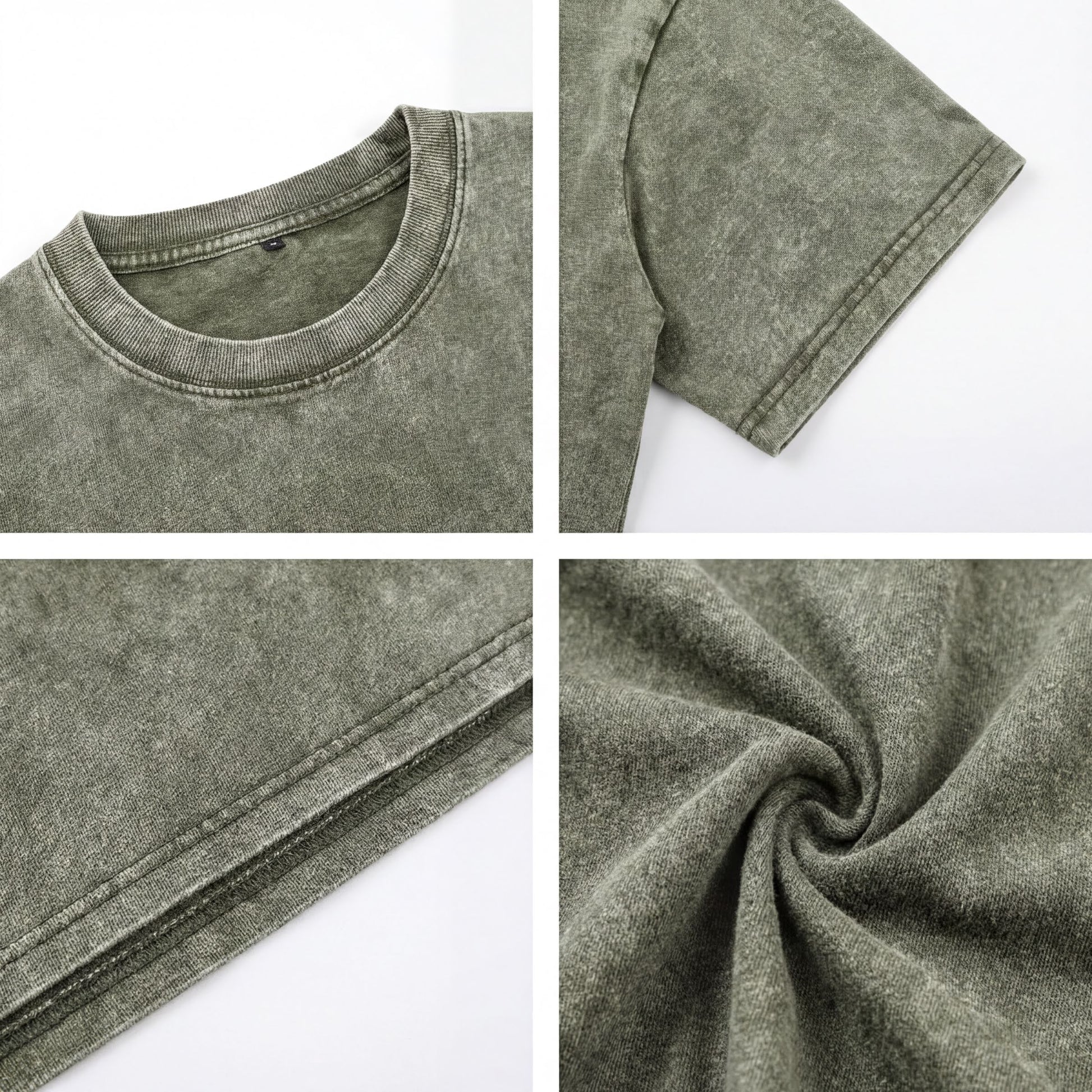 The image is a collage of four photos showing different aspects of a green t-shirt, including the collar, sleeves, and texture.