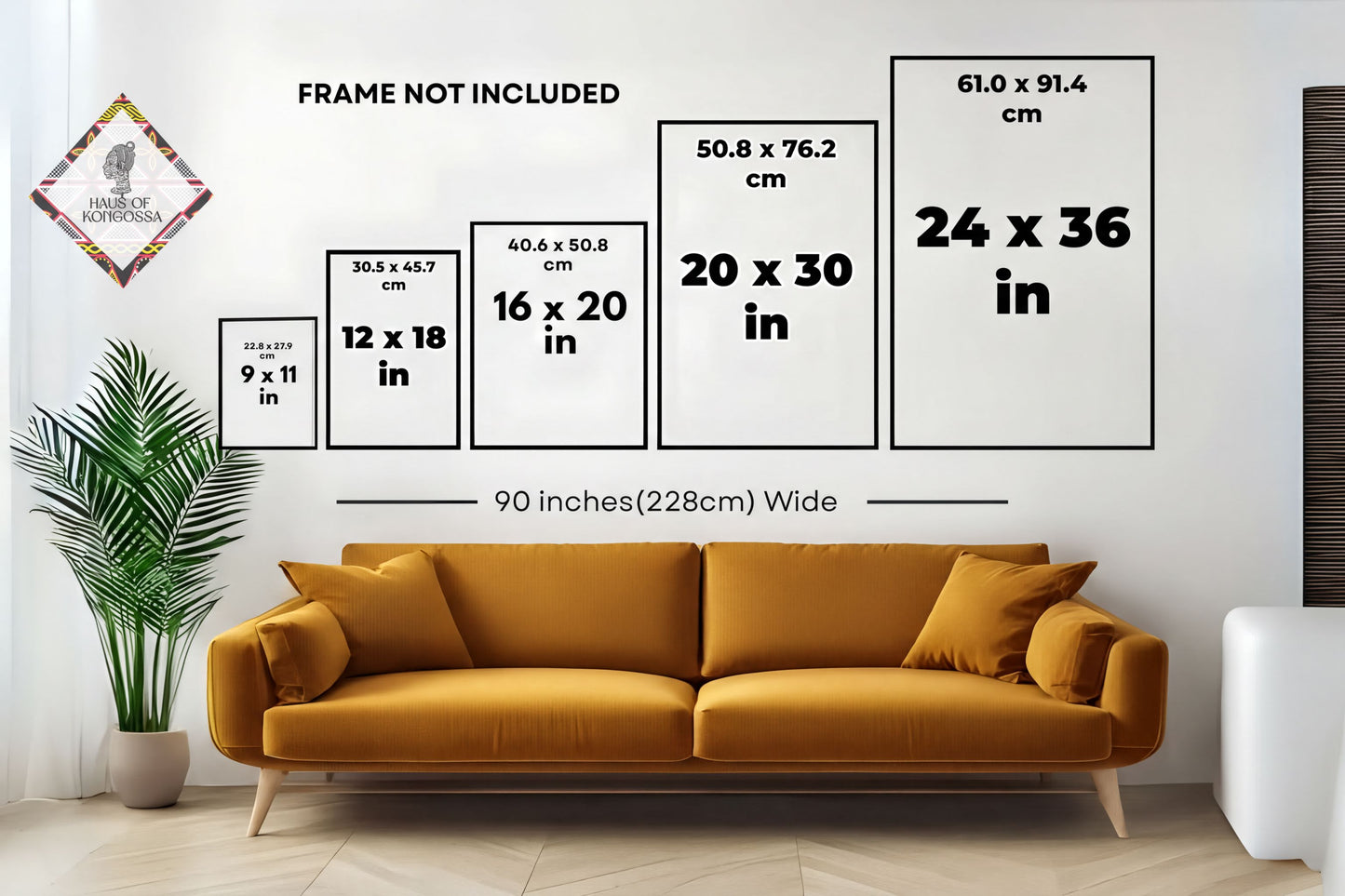 a living room with a large, yellow sofa and a potted plant. Above the sofa, there are four framed size comparisons indicating the dimensions of the frames in inches. The largest frame is labeled "90 Inches (28cm)" and the smallest frame is labeled "60 Inches (91cm)."