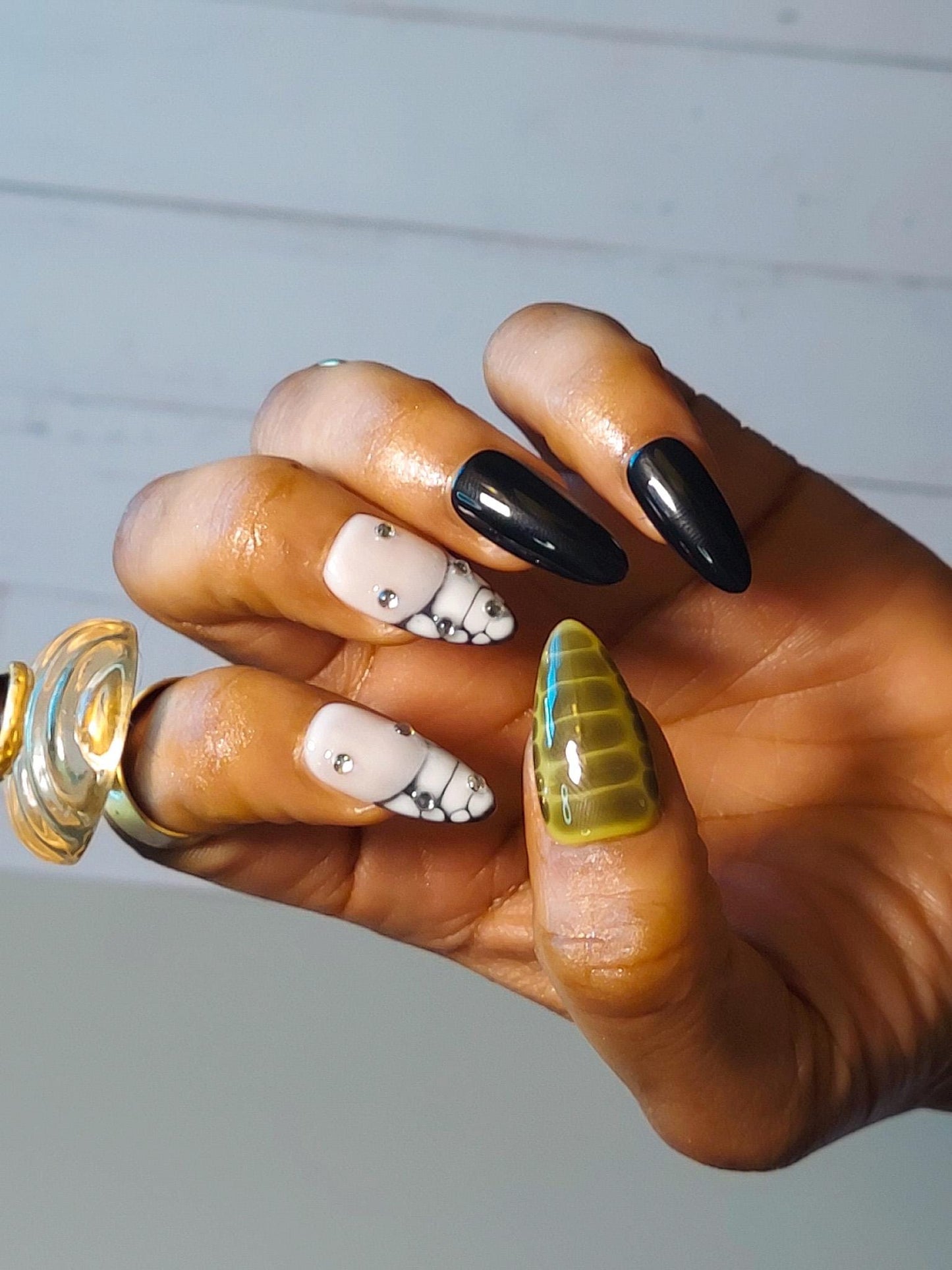 Snakeskin Regular Stiletto Press On Nails: Green, White and Black, Ready to Ship