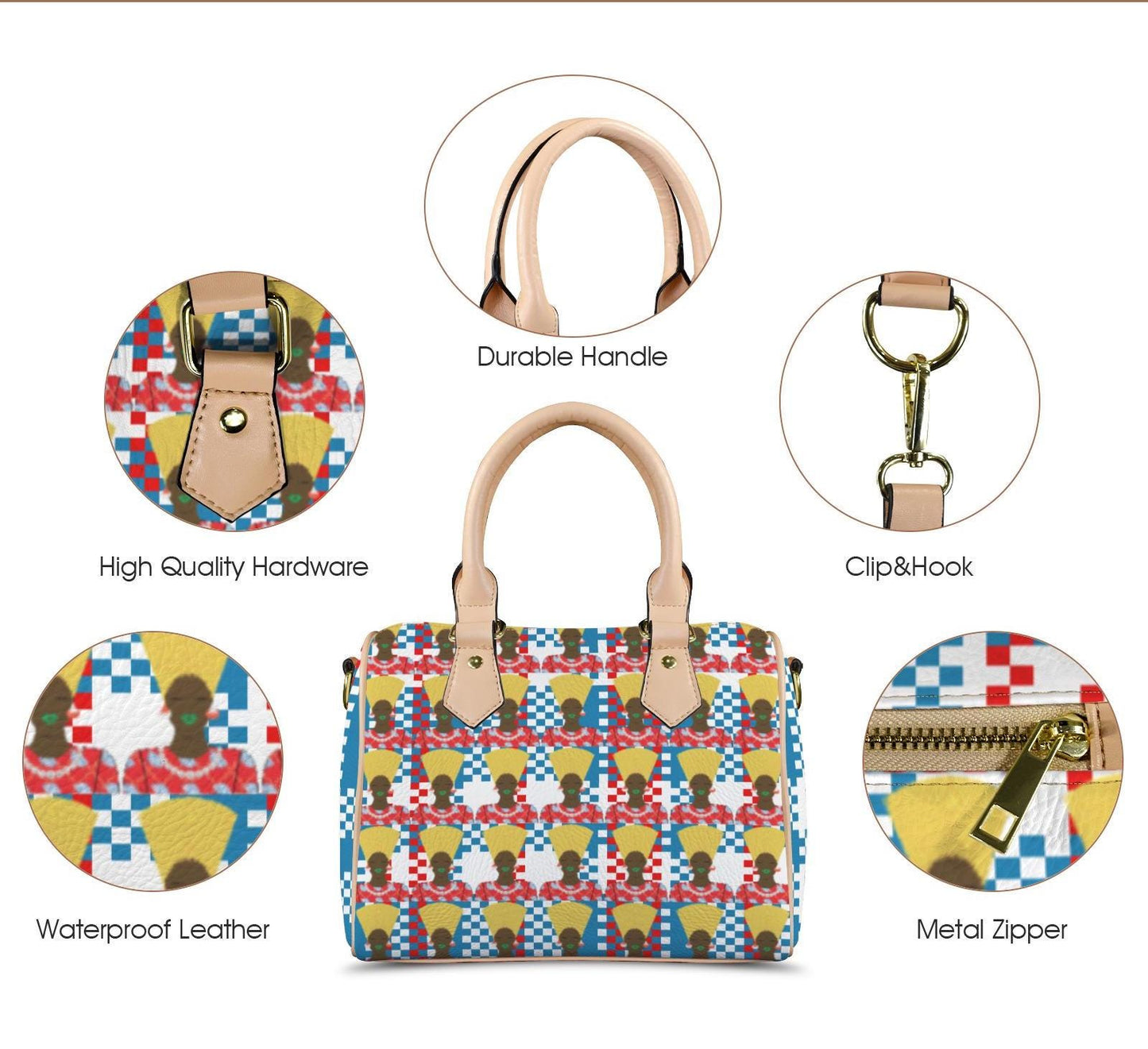 African Print Vegan Leather Boston Satchel Handbag: Mukuta Plaid & Toghu Stripe