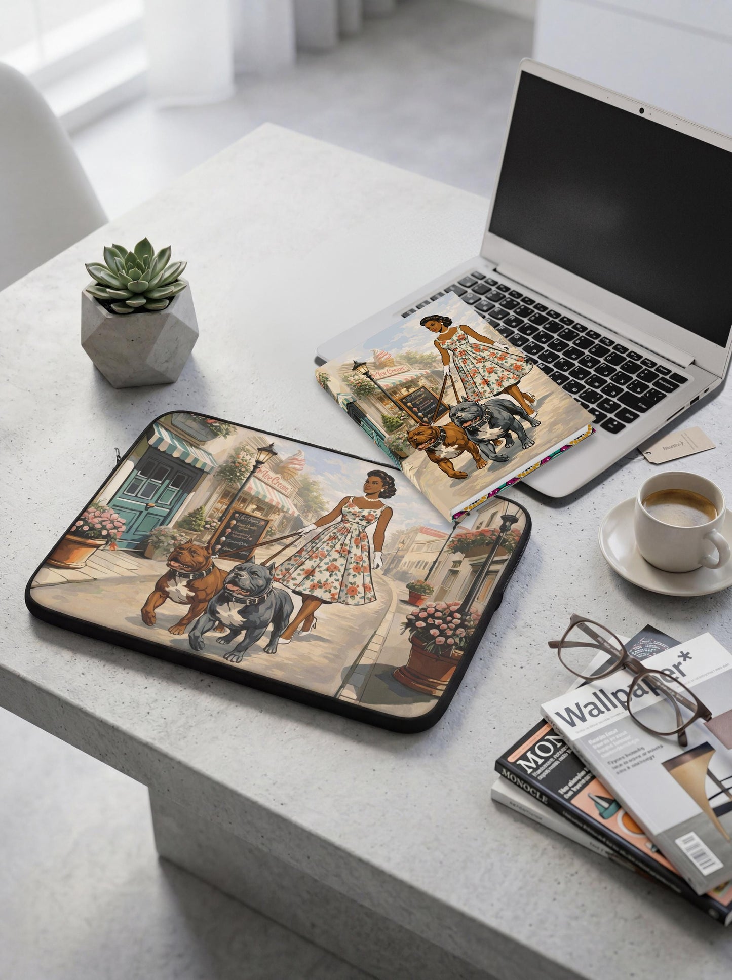 Strut, Scoops & Pups Laptop Sleeve, Vintage Art, Floral with Dogs Illustration, Mother's Day Gift