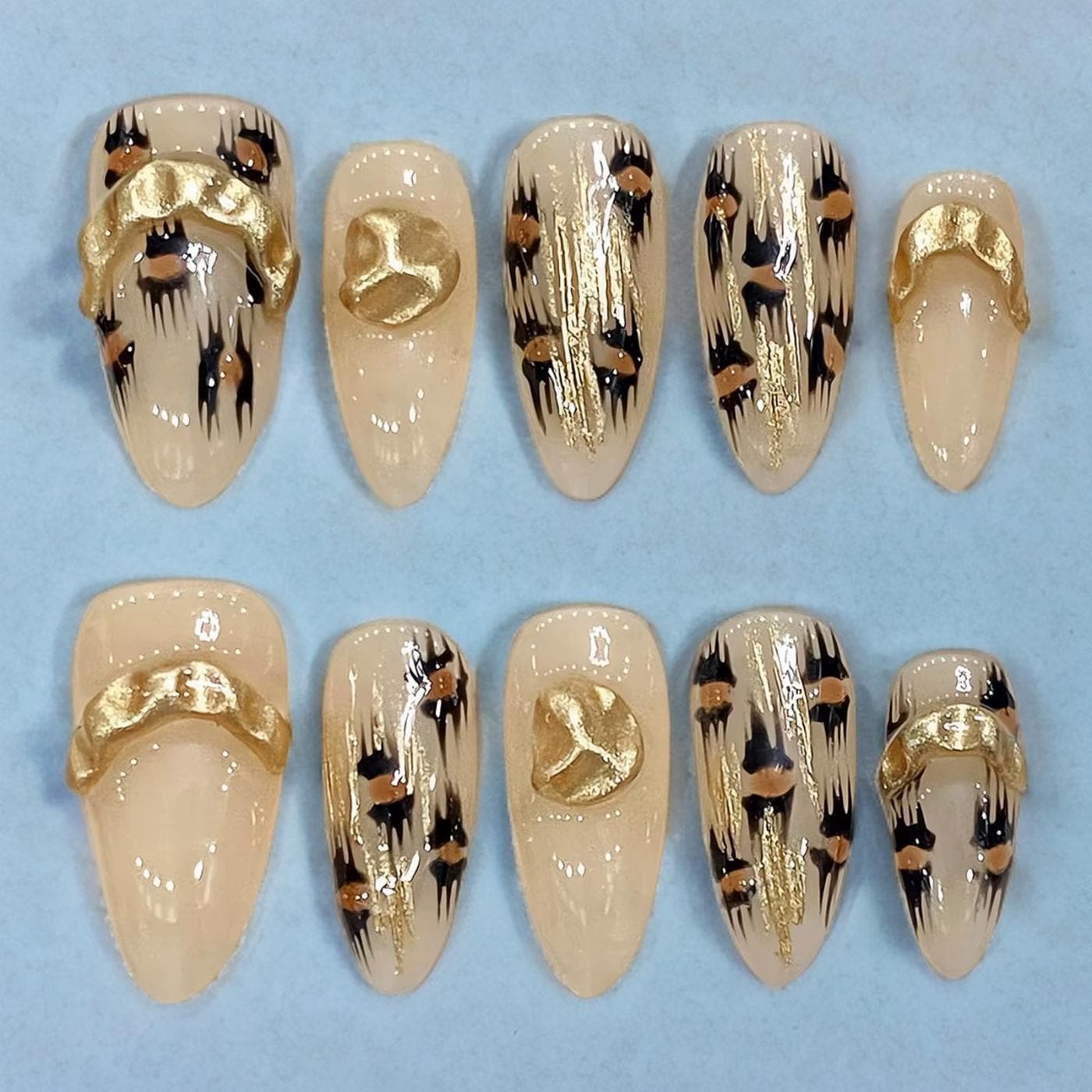 Leopard Nude Press On Nails with Gold Gems, Regular Stiletto Glue On Nails, Ready to Ship - Perfect Gift for Trendy Nail Lovers