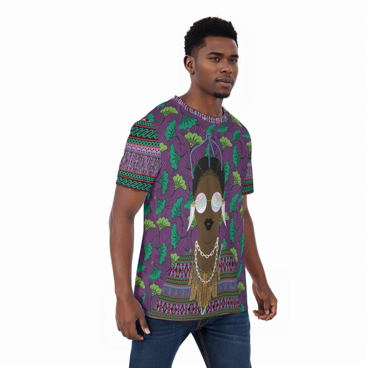 Purple Floral Ankara Print Athletic Mesh T-Shirt, Athletic Eyebird Fabric T-shirt
