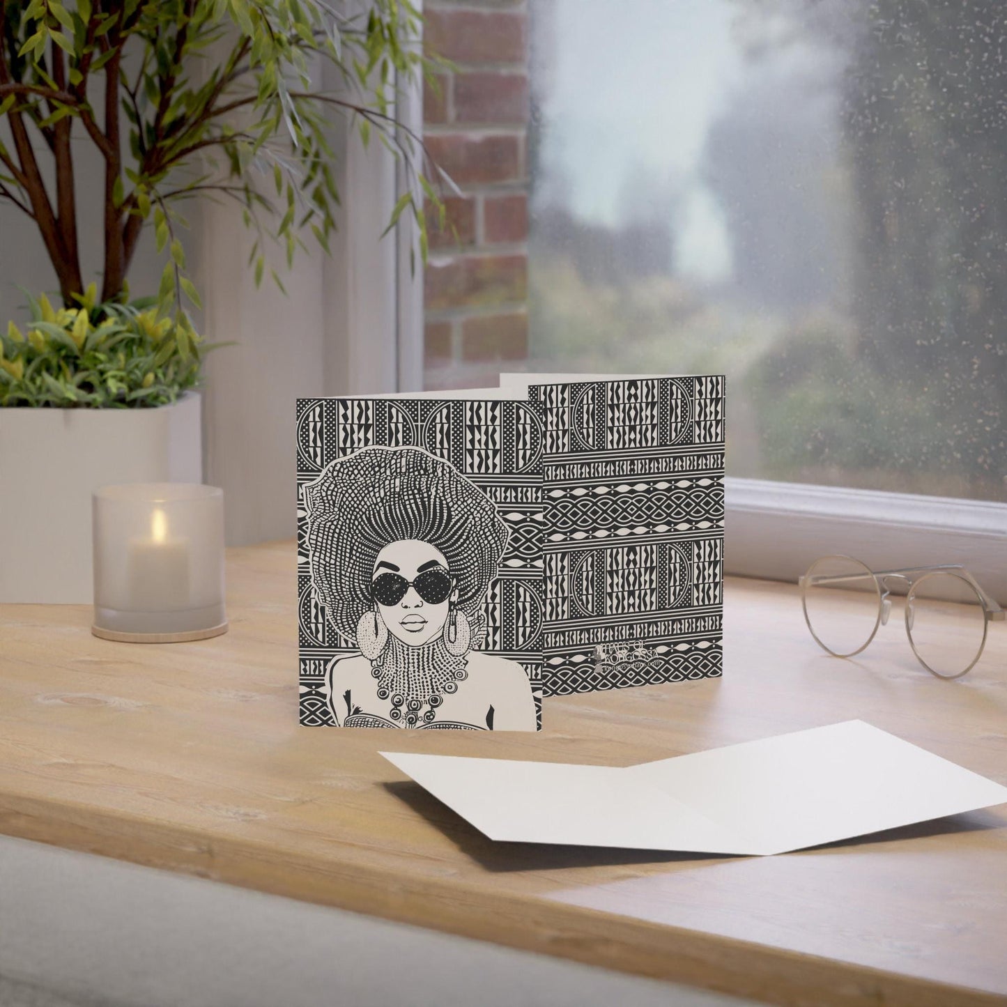 Black Ndop Fabric Greeting Card: Madame Headtie Art