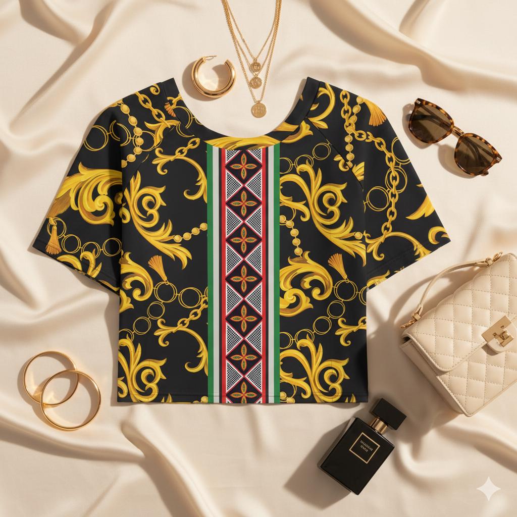 Gold Leaf Toghu Stripe Crop Top: Women's High Stretch Raglan Shirt